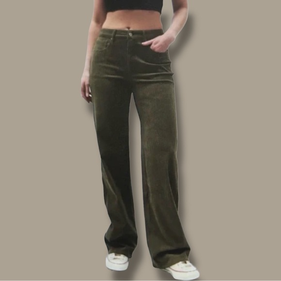 Indigo Rising Pants - Indigo Rising Olive Green Corduroy Ribbed Wide Leg High Rise Flare Pants size 29